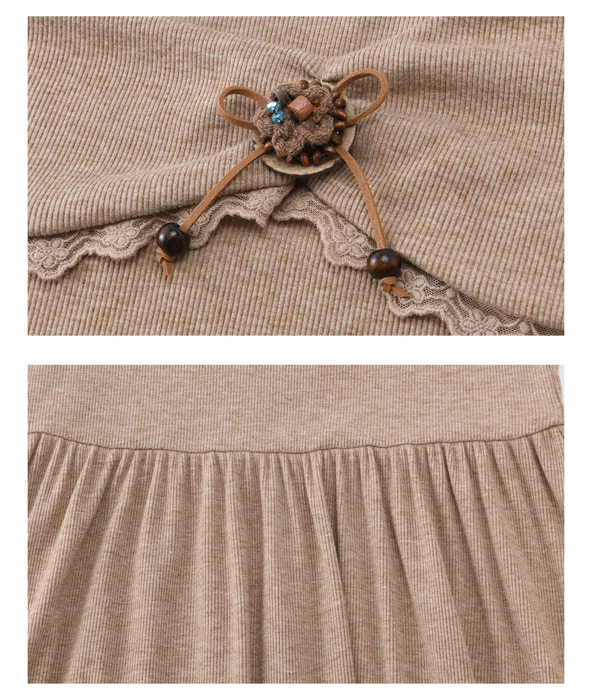 MISHOW Women's Khaki Knitted Dress 2026 Spring Large Collar Decor Long Sleeve Dresses Pleated Casual Elegant Dress MXF11L2553