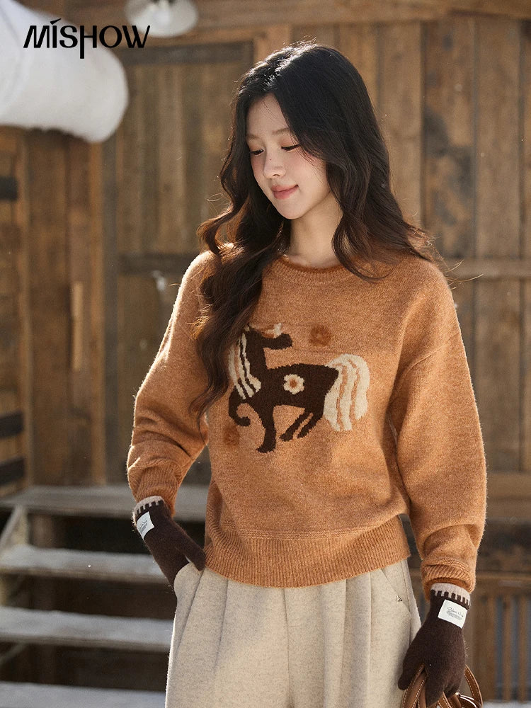 MISHOW Women's Horse Pattern Knit Sweater Winter Crew Neck Sweaters Collar Cuffs Splice Contrasting Faux Mink Fur Top MXE94Z2863