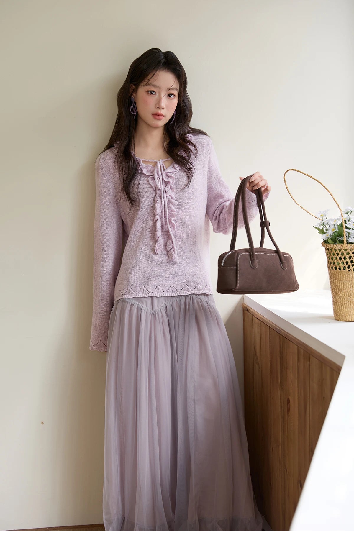 MISHOW Women Long Sleeve Tees 2025 Autumn New V-neck Wood Ear Hollow Out Knitted Sweater Women's  Beige Wool Top MXE51Z2595