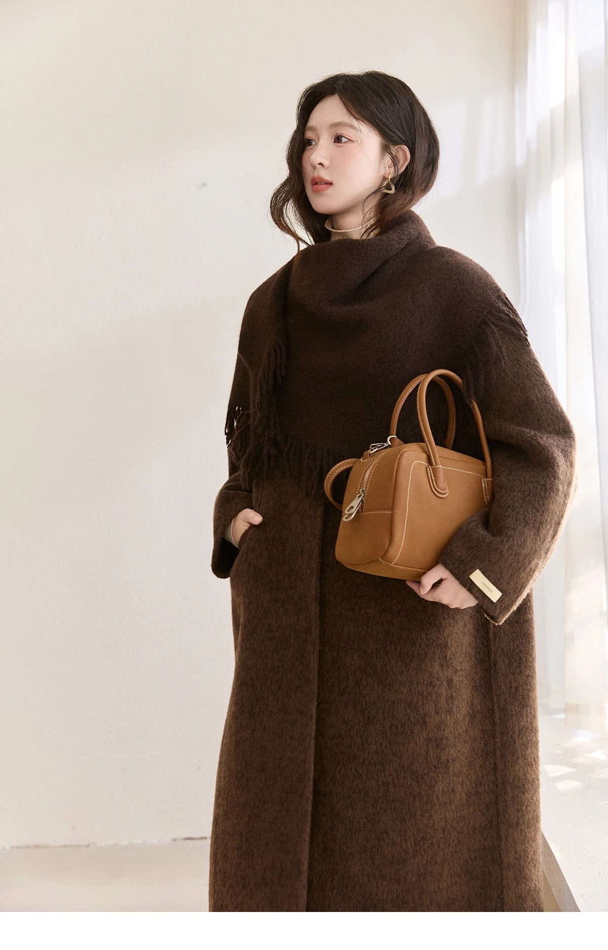 MISHOW Women's Woolen Coat with Scarf Winter Invisible Buckle Design Wool Overcoat Loose Elegant Warm Outerwear MXE93W1030