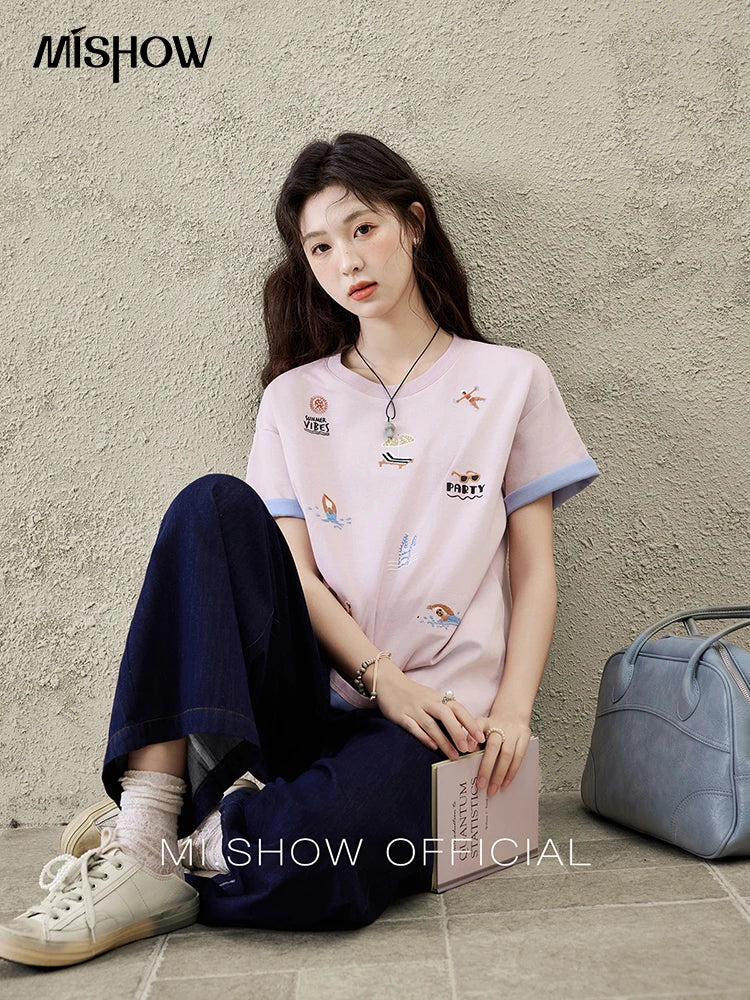 MISHOW Embroidered Casual T-shirt for Women Summer 2025 Short Sleeve Round Neck Shirts Female New Fashion Tops Lady MXE16T0506