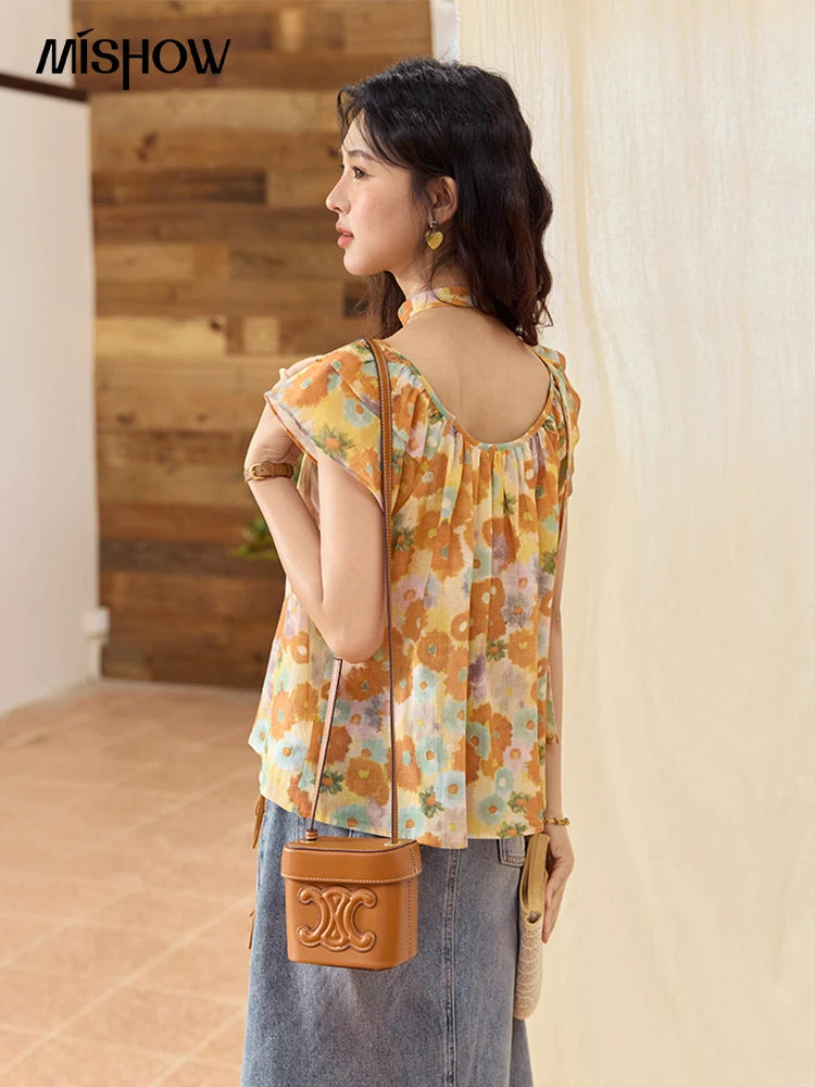MISHOW 100 Cotton Citrus Oil Painting Printed blouse for Women 2025 Summer Vacation Korean Flying Sleeve Casual Top MXE36X1872