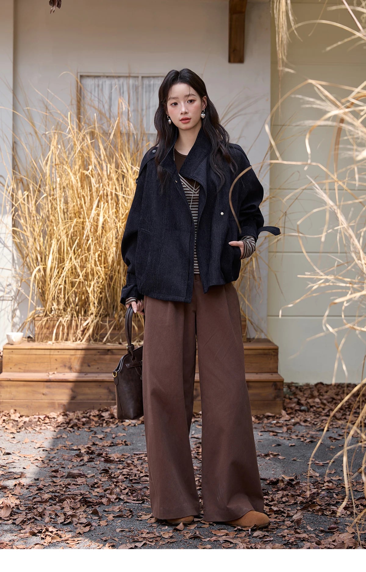 MISHOW Navy Blue Short Jacket for Women 2025 Autumn Winter Safari Style Stand Collar Epaulette Design Cuff Jacket MXE49W0901