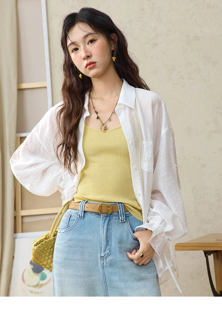 MISHOW Blend Patchwork Lace Cool Shirt Female Autumn 2025 Korean Loose Lapel Drop Sleeve Shirts Drawstring Cuffs Top MXE31C0789