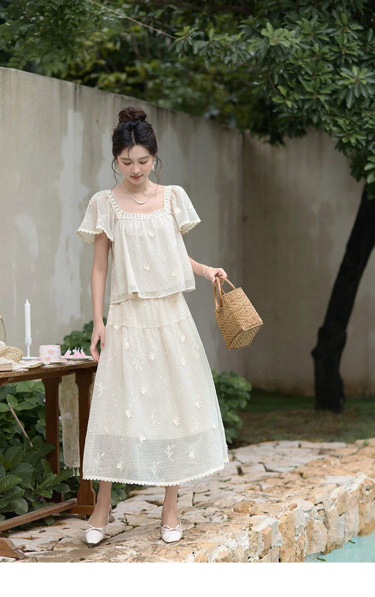 MISHOW Elegant Butterfly Flying Sleeve Blouses Elastic Waist Skirt Separately Summer Back Lace-up Top Midi Skirts MXD29X1559