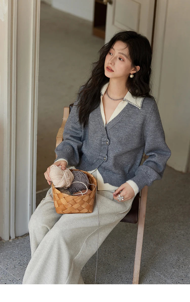 MISHOW Fake Two-piece Sweater Women Fashion Splicing Lapel Knitwear 2024 fall winter New Design Retro V-neck Cardigan MXD41Z0712