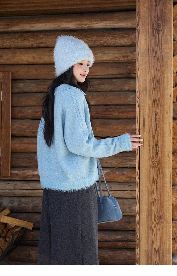 MISHOW Luxury Women's Sweaters 2025 Winter Blue Polo Collar Cable Knit Faux Mink Pullovers Loose Commute Tops Lady MXE88Z2756