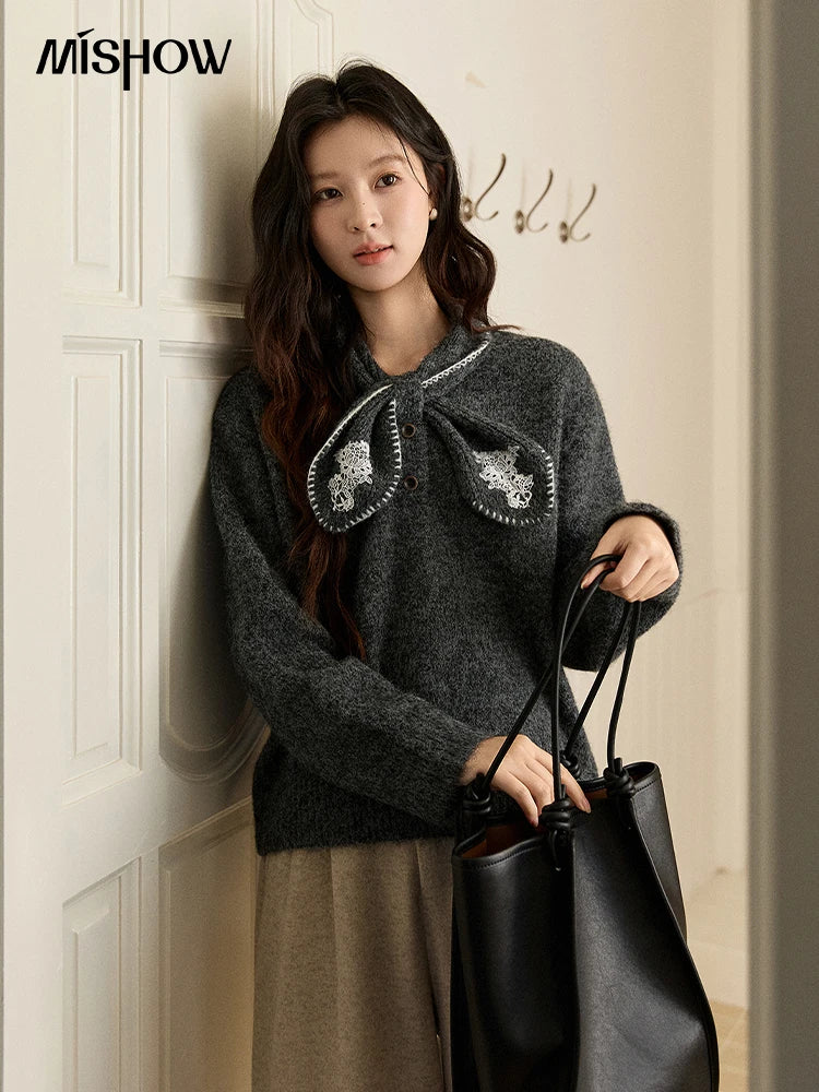 MISHOW Women's Yellow Knitted Sweater 2025 Autumn Winter Bow Collar Splicing Lace Tops Loose Warm Pullover Sweaters MXE94Z2971