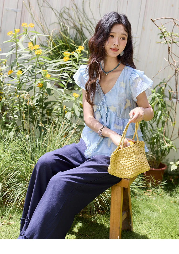 MISHOW Blue Double-layer Ruffled Linen V-neck Blouse for Women Summer 2025 Slim Flying Sleeve Breathable Lace-up Tops MXE33X1819