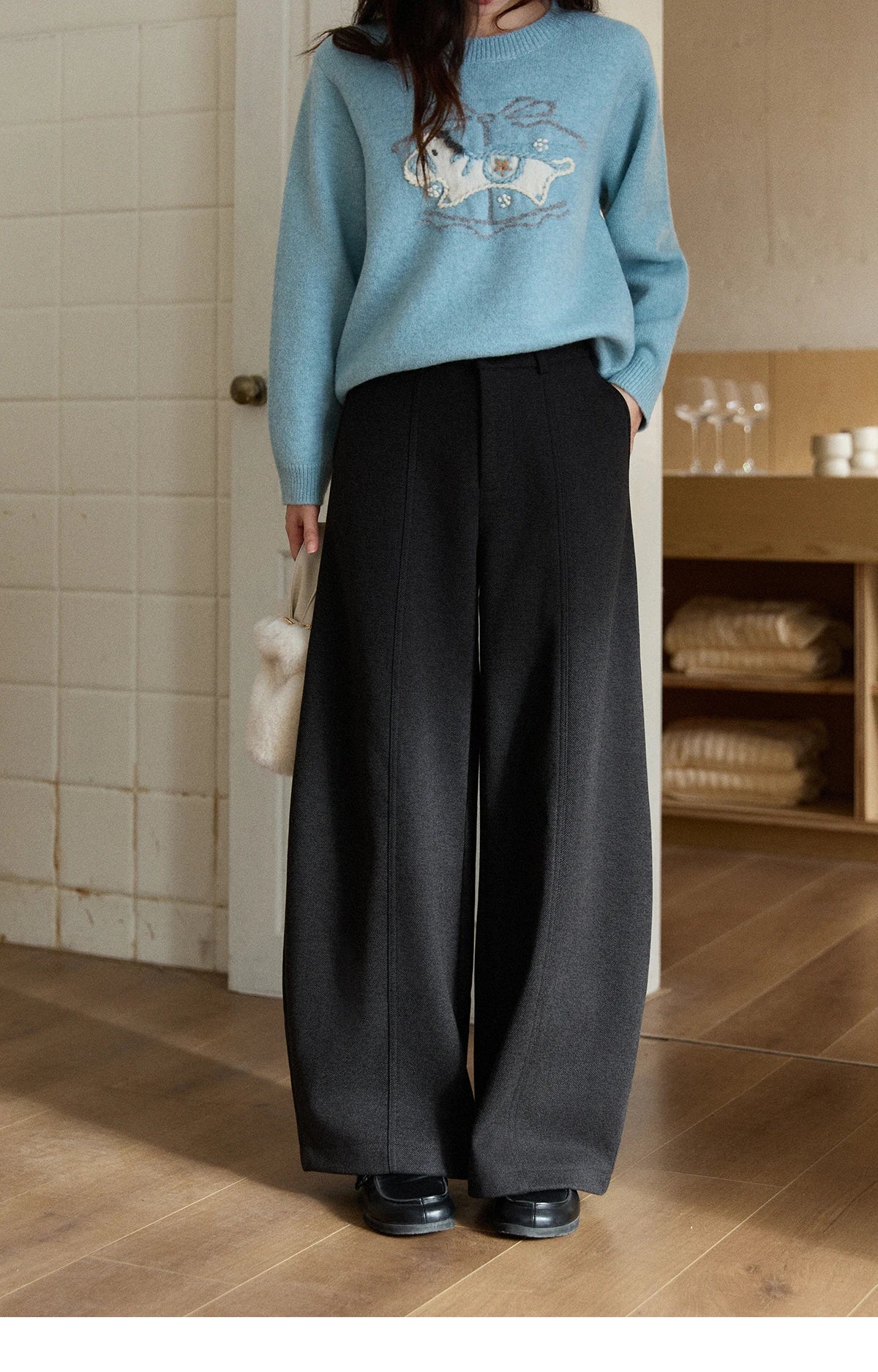 MISHOW Women's Gray Woolen Blend Wide-Leg Pants Winter High Waist Draped Straight Thick Back Elastic Waist Trousers MXE93K1143