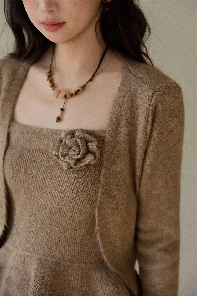 MISHOW Khaki Knitted Three-Piece Winter Set for Woman RetroThree-Dimensional Floral Camisole Cardigan Wide-Leg Pants MXE87T1449