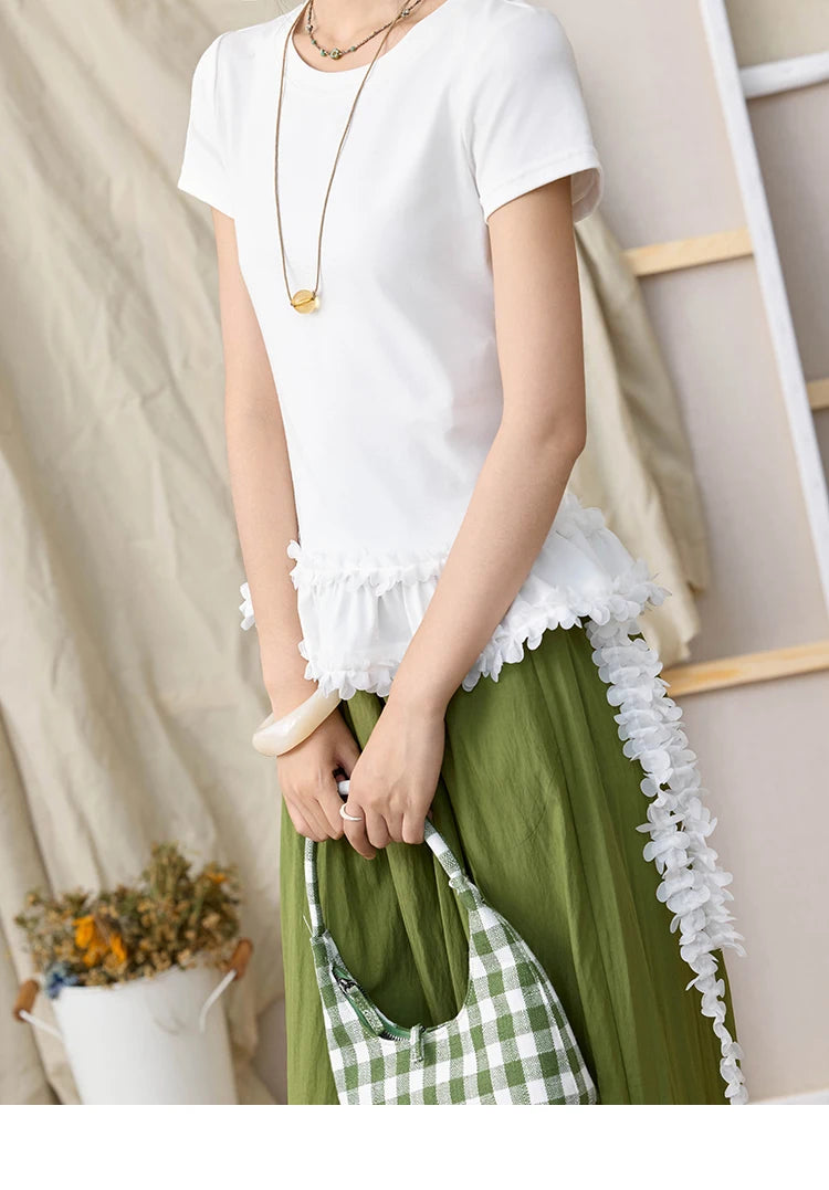 MISHOW White Ruffled T-shirt for Women Summer 2025 Round Neck Loose Slim Cotton Casual Tees with Red Lanyard Necklace MXE34T0557