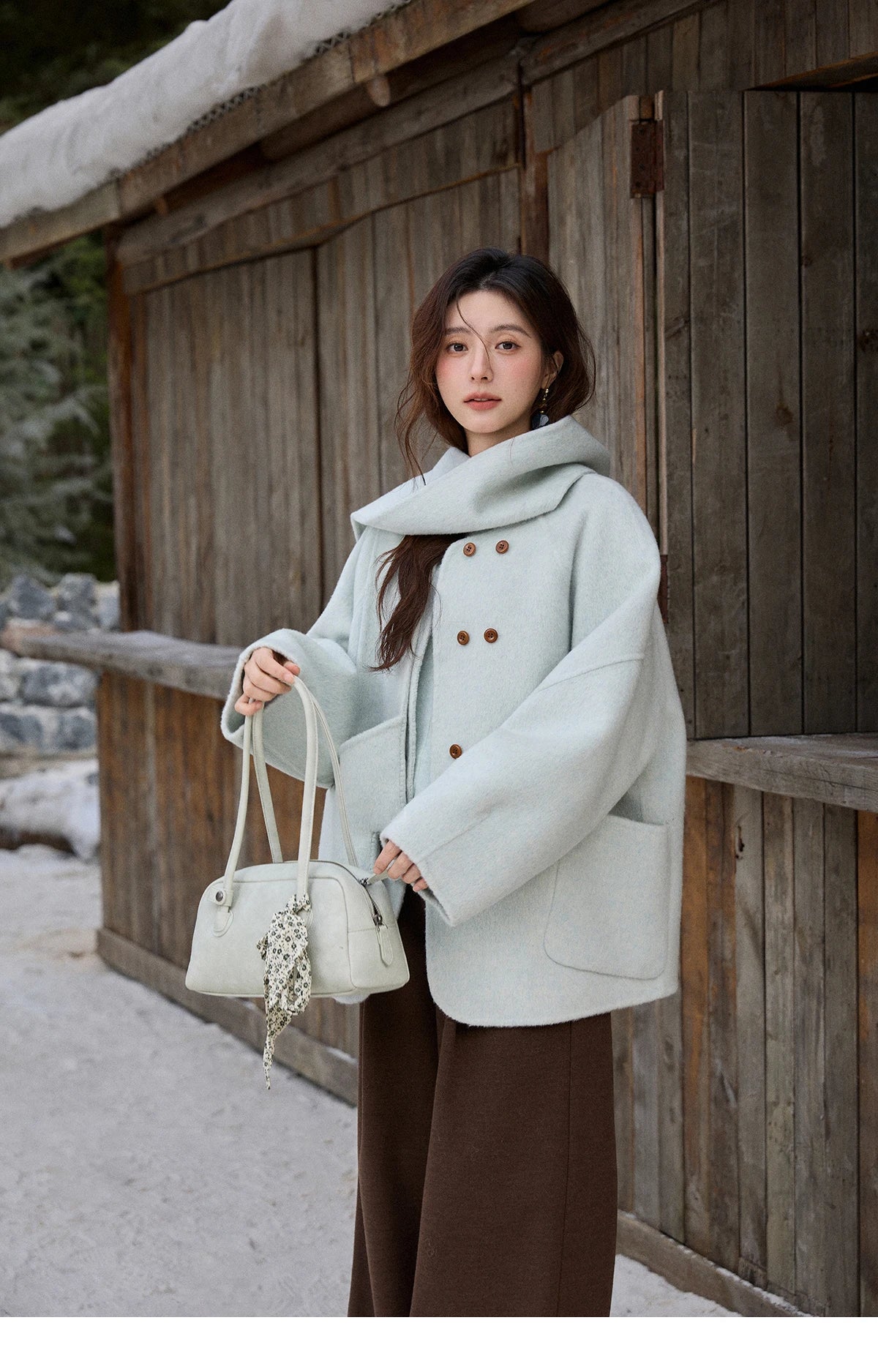 MISHOW 100% Wool Mint Green Double-sided Woolen Coats for Women Winter 2025 Warm Loose Coat with 2-in-1 Scarf Gloves MXE92W1014