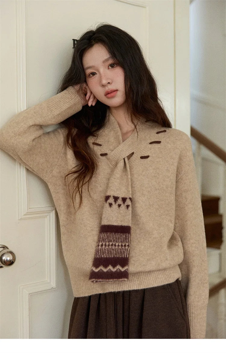 MISHOW Women V-neck Knit Top 2025 French-style Elegant Workwear Long-sleeved Yellow Pullover Women's Winter Clothing MXE87Z2771