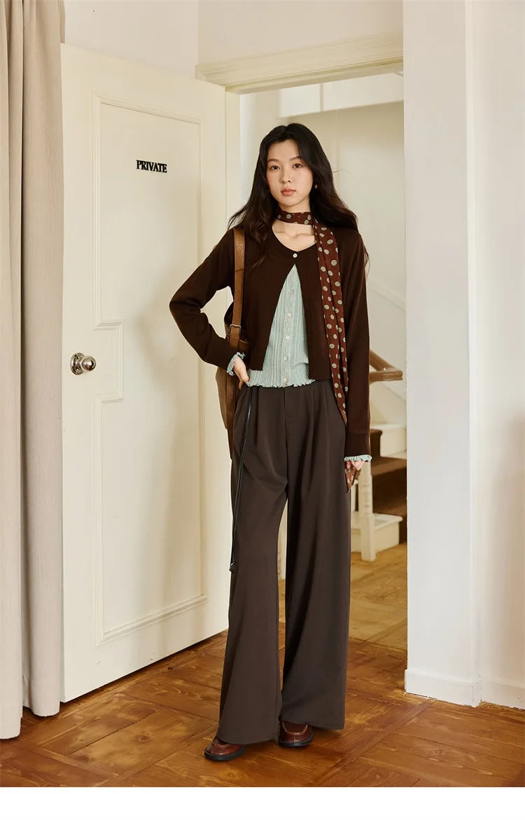 MISHOW Pullover Women 2025 Autumn Winter Retro Fake 2 Pieces Round Neck Color-blocked Lace Trim Knit Sweater Slim Top MXE46Z2545