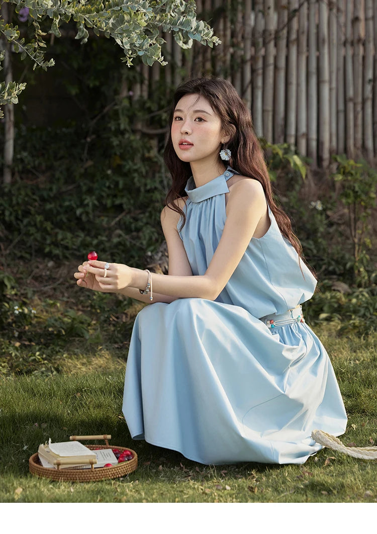 MISHOW Vacation Skirt Set Woman 2025 New Solid Halter Neck Sleeveless Short Tops Midi Loose Skirt Female with Belt MXE33T0546