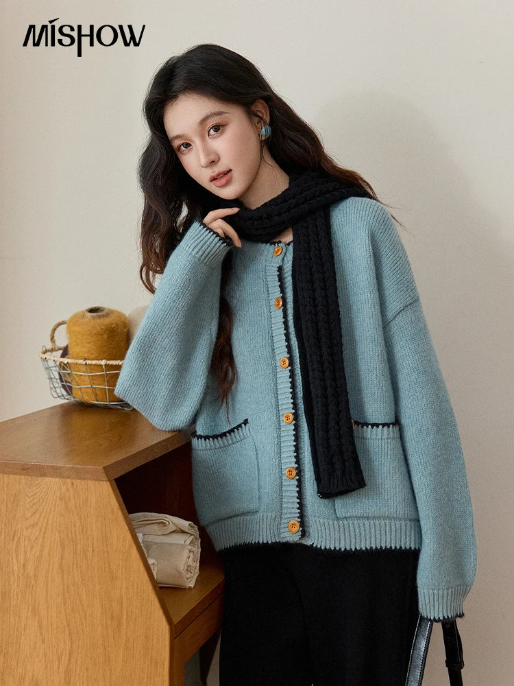 MISHOW Women's Yellow Knitted Cardigan 2025 Autumn Winter Color Collision Edge Sweater Pockets Loose Warm Casual Tops MXE94Z2973