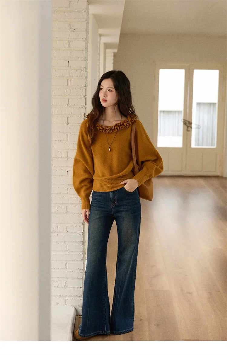 MISHOW Pullovers Women 2025 French Style Orange Lotus Edge Crew Neck Lantern Sleeves Top Slim Luxury Women's Sweaters MXE86Z2726