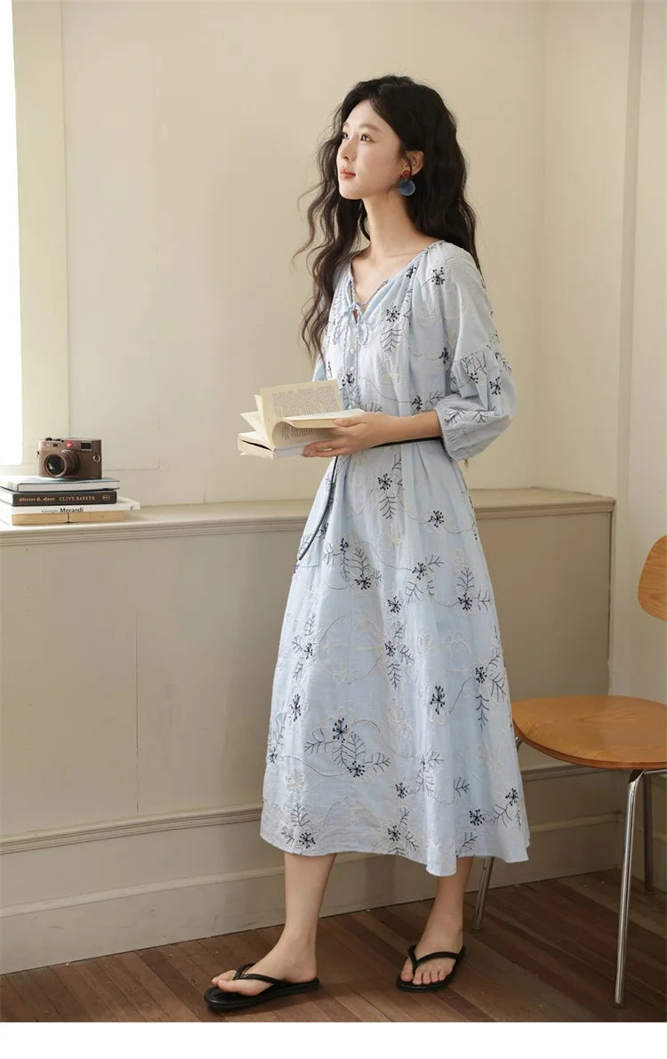 MISHOW Blue Flower Embroidered Dress 2025 Autumn Seven Cent Lantern Sleeve Tassel Tie Rope V-neck Dresses with Belt MXE42L2493