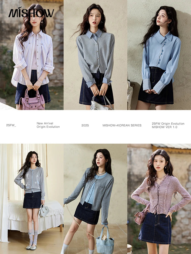 MISHOW Women's Retro Deep Blue Short Denim Skirt Spring High Waist Slim A-line Skirts Denim Commuting Versatile Skirt MXE13B0658