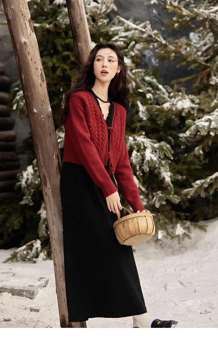MISHOW Red Knitted Cardigan V-Neck Midi Dresses Separately A-LINE Temperament Grace Dress Flower Lace-up Warm Coat MXD58L2085