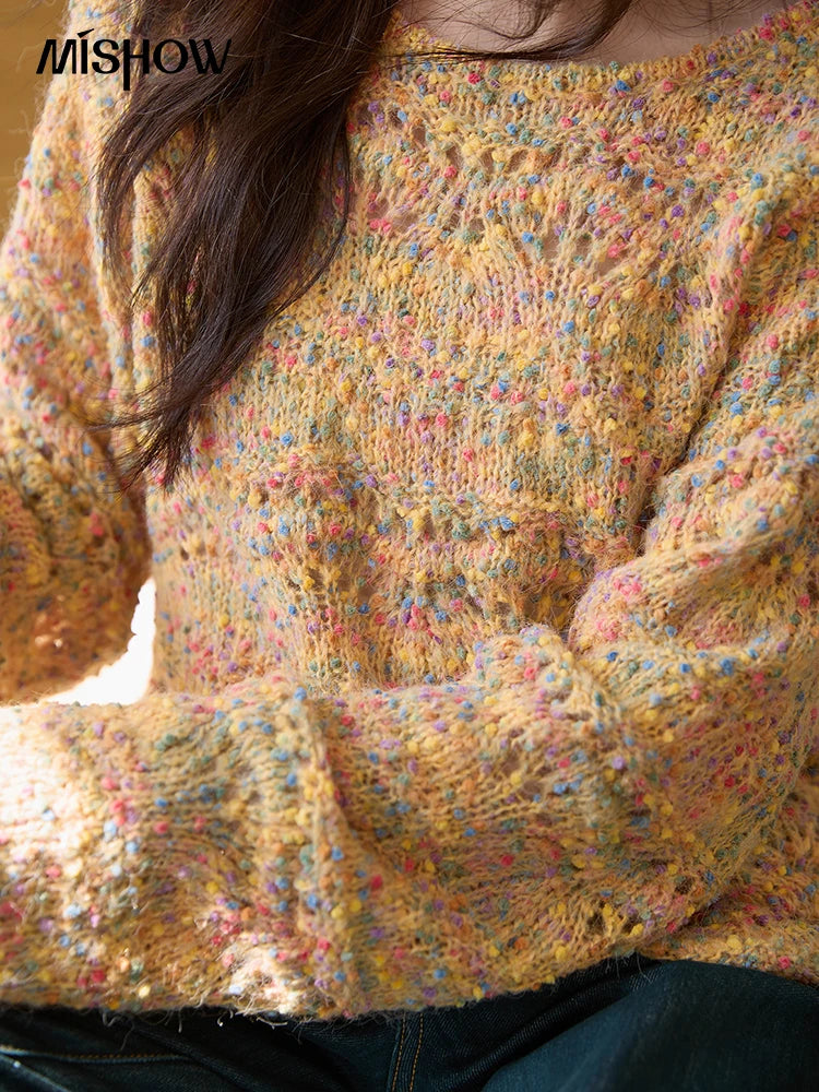 MISHOW Women's Retro Chic Knitted Top 2025 Autumn French Color Polka Dot Knitted Round Neck Curved Hem Thin Sweaters MXE43Z1343