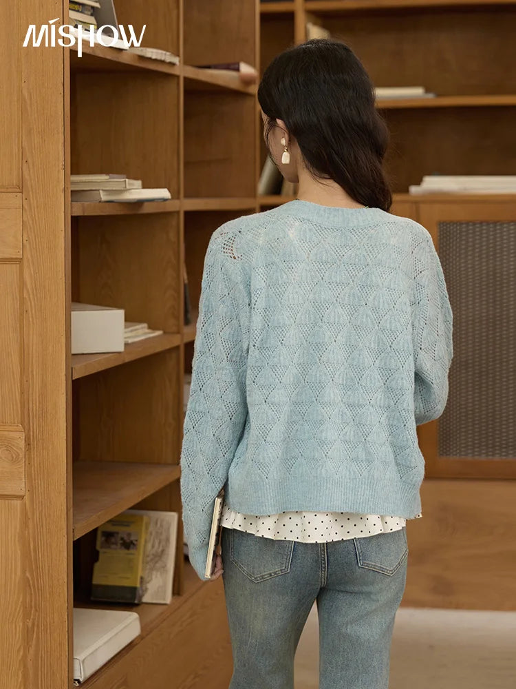 MISHOW Women's Blue Argyle Knitted Cardigan 2025 Autumn V Neck Drop Dropped Sleeve Cardigan Hollow Out Wool Blend Top MXE41Z1313