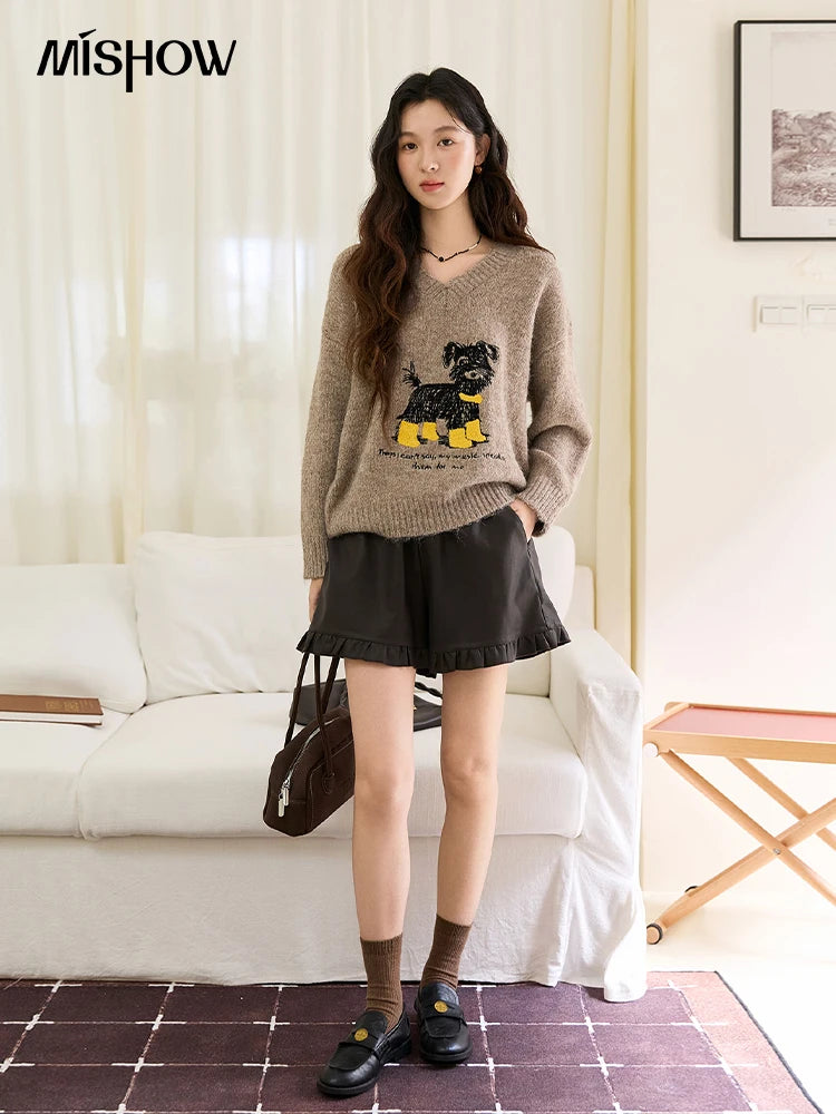MISHOW Women's Long Sleeve Pullovers 2025 Autumn Winter New Puppy Embroidery Loose Casual V Neck Knit Sweater Luxury  MXE48Z2570