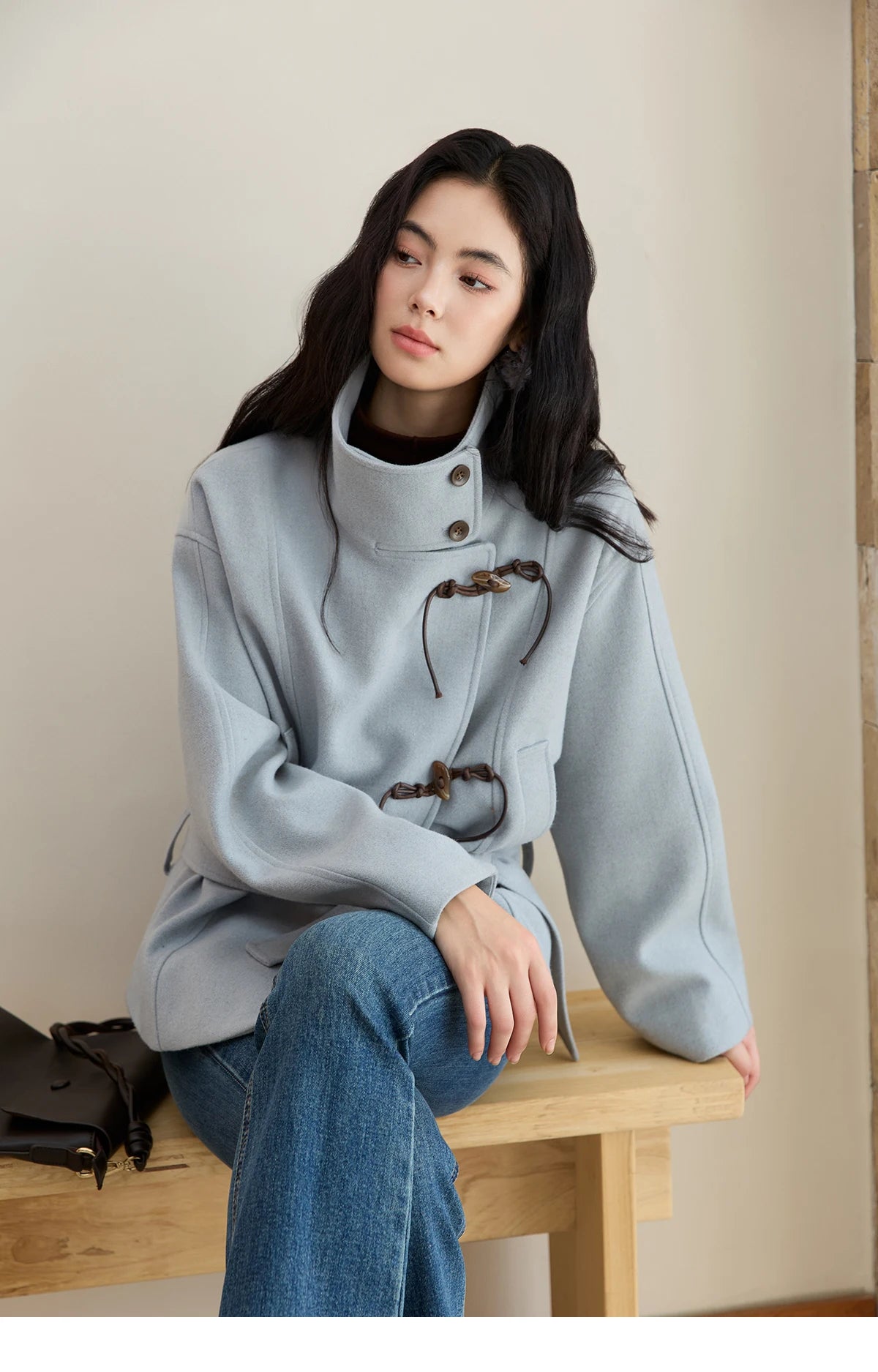 MISHOW Blue Woolen Coat Women 2025 Winter New Double-breasted Lace Up Coat Mid-length Windbreaker Women's Clothing MXE51W0872