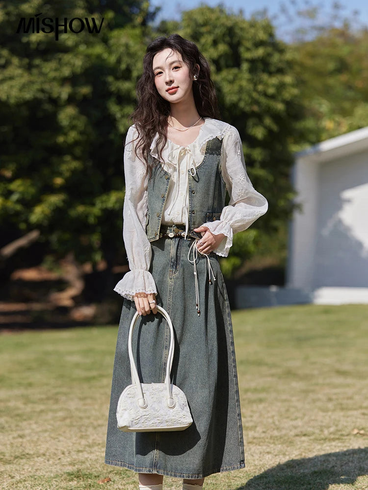 MISHOW Denim Vest Coat Midi Skirt Separately for Women Spring 2025 Korean Retro Washed Cotton Coat Slim A-line Skirt MXE13W0731
