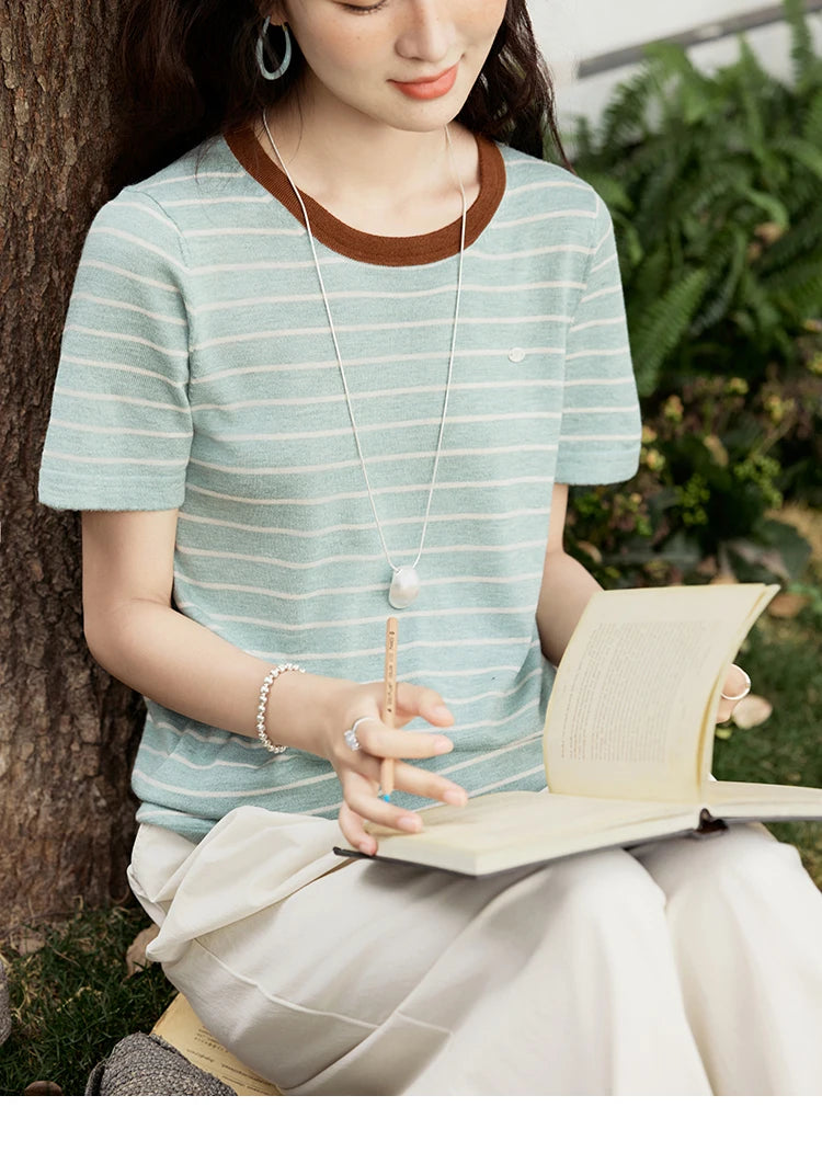 MISHOW Striped Knitted T-shirt for Women Summer 2025 Color Contrasting Round Neck Tees Wool Blended Slim Casual Top MXE35Z1270