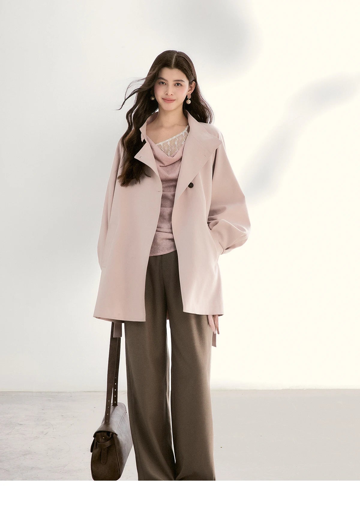 MISHOW Women's Splicing Lace Trim Draped Neck Long Sleeve Tops 2026 Spring Side Tie Ruched Irregular Casual Slim Tees MXF13Z2995