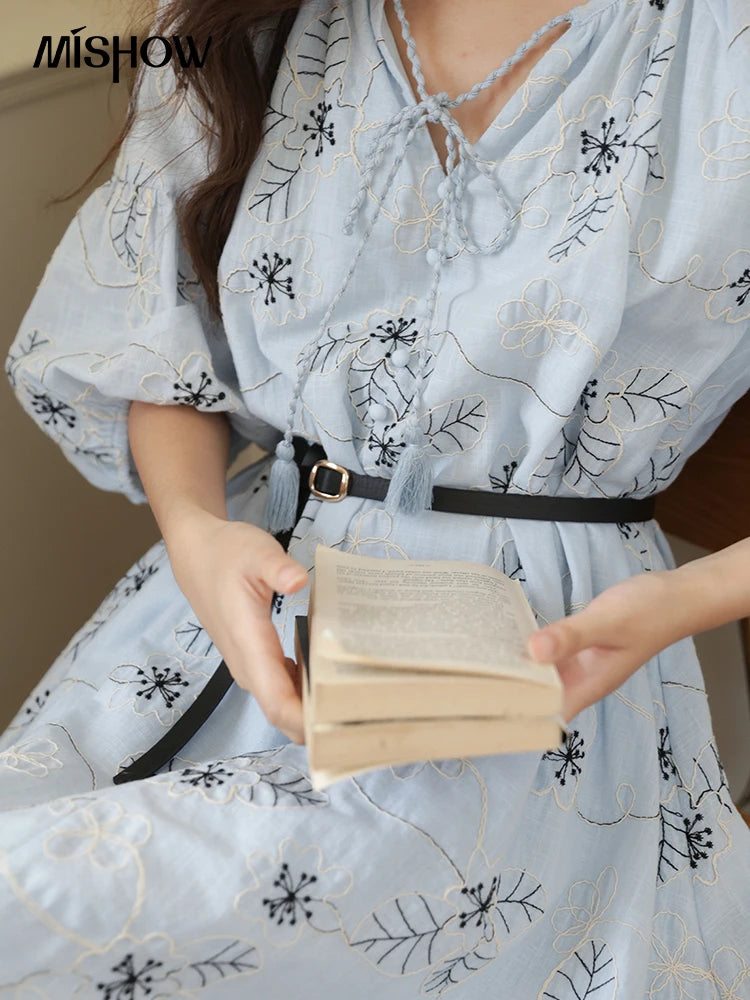 MISHOW Blue Flower Embroidered Dress 2025 Autumn Seven Cent Lantern Sleeve Tassel Tie Rope V-neck Dresses with Belt MXE42L2493