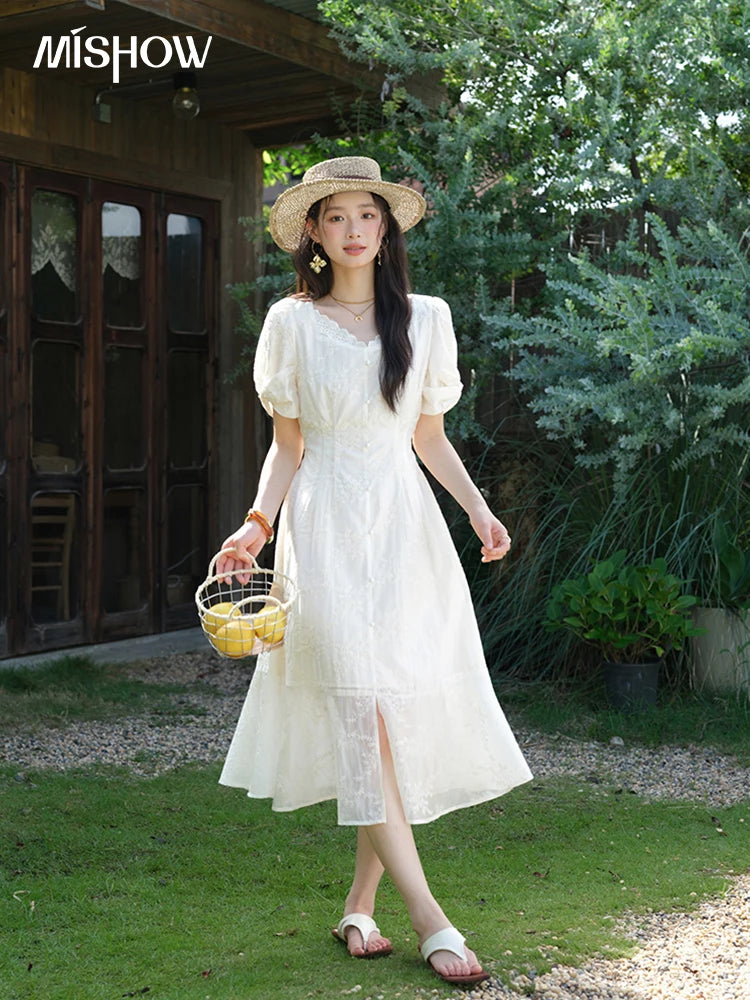 Mishow V-Neck Lace Embroidery Puff Sleeve Dress MXE39L2432