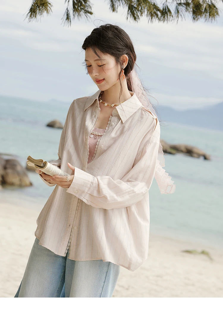 MISHOW Office Lady Summer Blouses Women 2025 New Striped Long Sleeve Turn-down Collar Shirt Female Fashion Loose Tops MXE33C0772