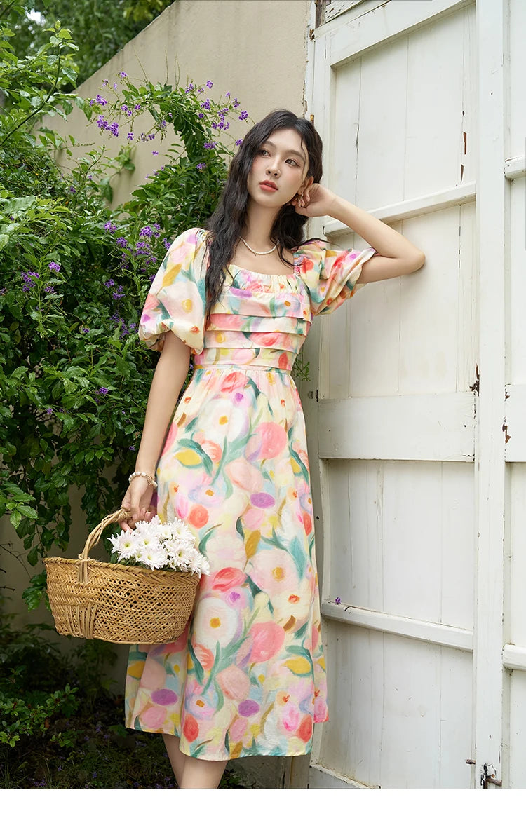 MISHOW French Tulip Fragmented Flower Dresses for Women 2024 Summer Beach Vacation Puff Sleeve Sweet Elegant Dresses MXD28L1896