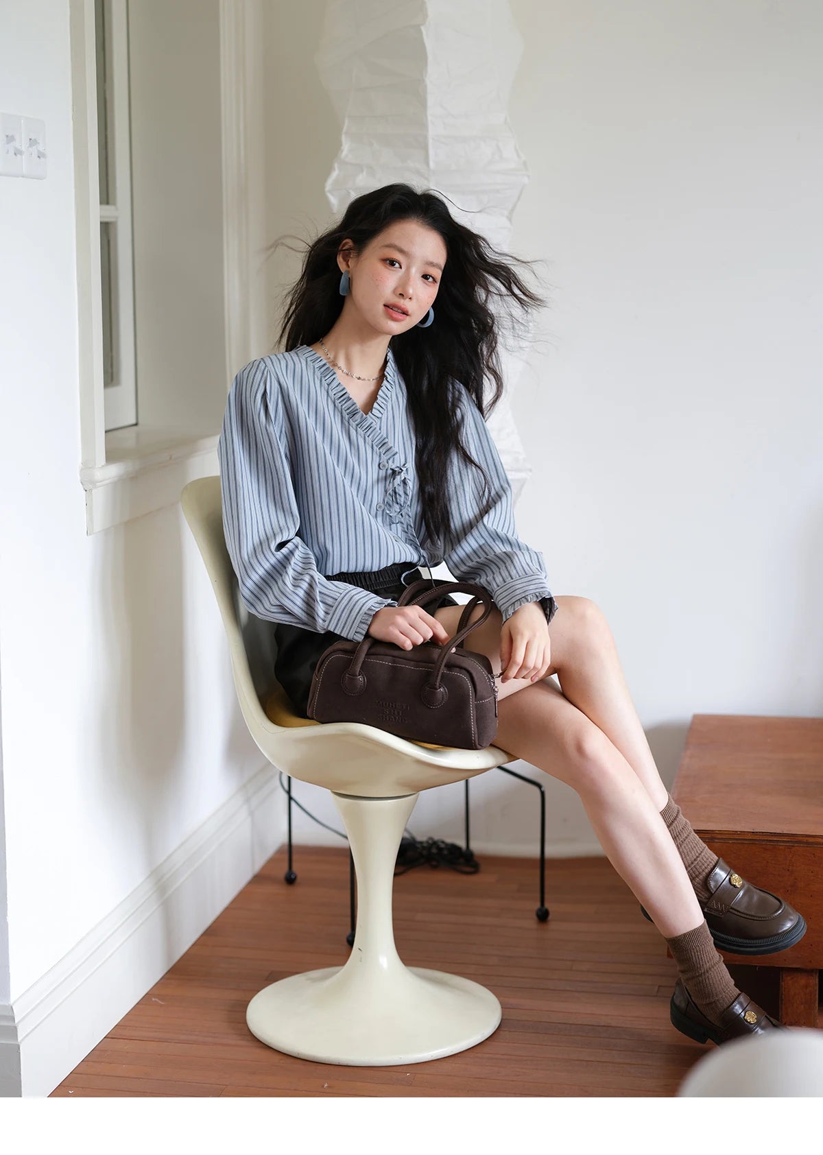 MISHOW Blue Striped Peach Skin Velvet V-neck Shirts for Women Autumn 2025 Asymmetrical Lace-up Commuting Casual Shirt MXE42X2472