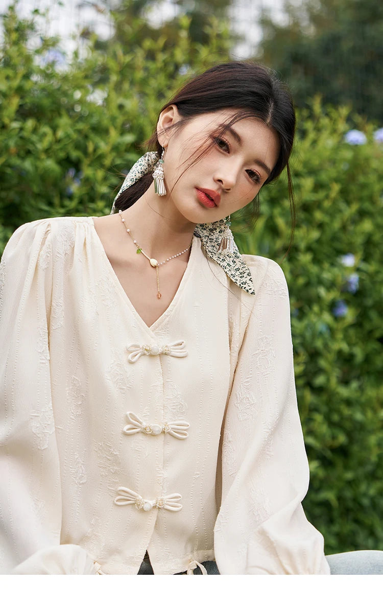 MISHOW Chinese Button Up Single Row Shirt for Women 2024 Spring Jacquard Hem Drawstring Puff Sleeve Solid Loose Top MXD14X1386