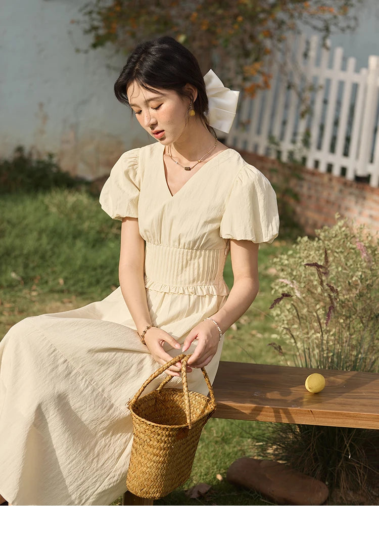 MISHOW French Summer Dresses Women 2025 New Short Puff Sleeve V-neck Solid Cotton Blended Dress Female Slimming MXE34L2288