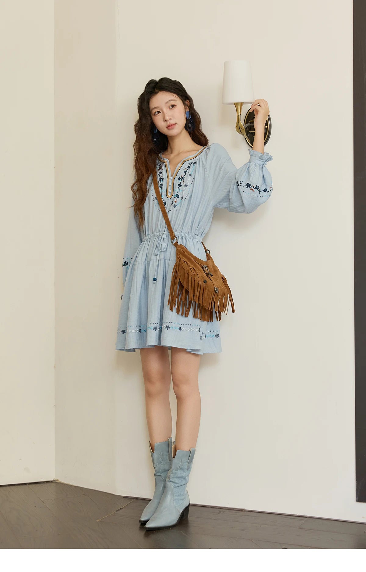 MISHOW Woman Long Sleeve Dress Autumn Elegant V-neck Embroidered Drawstring Waist Dress A-line Bohemian Midi Dresses MXE44L2489