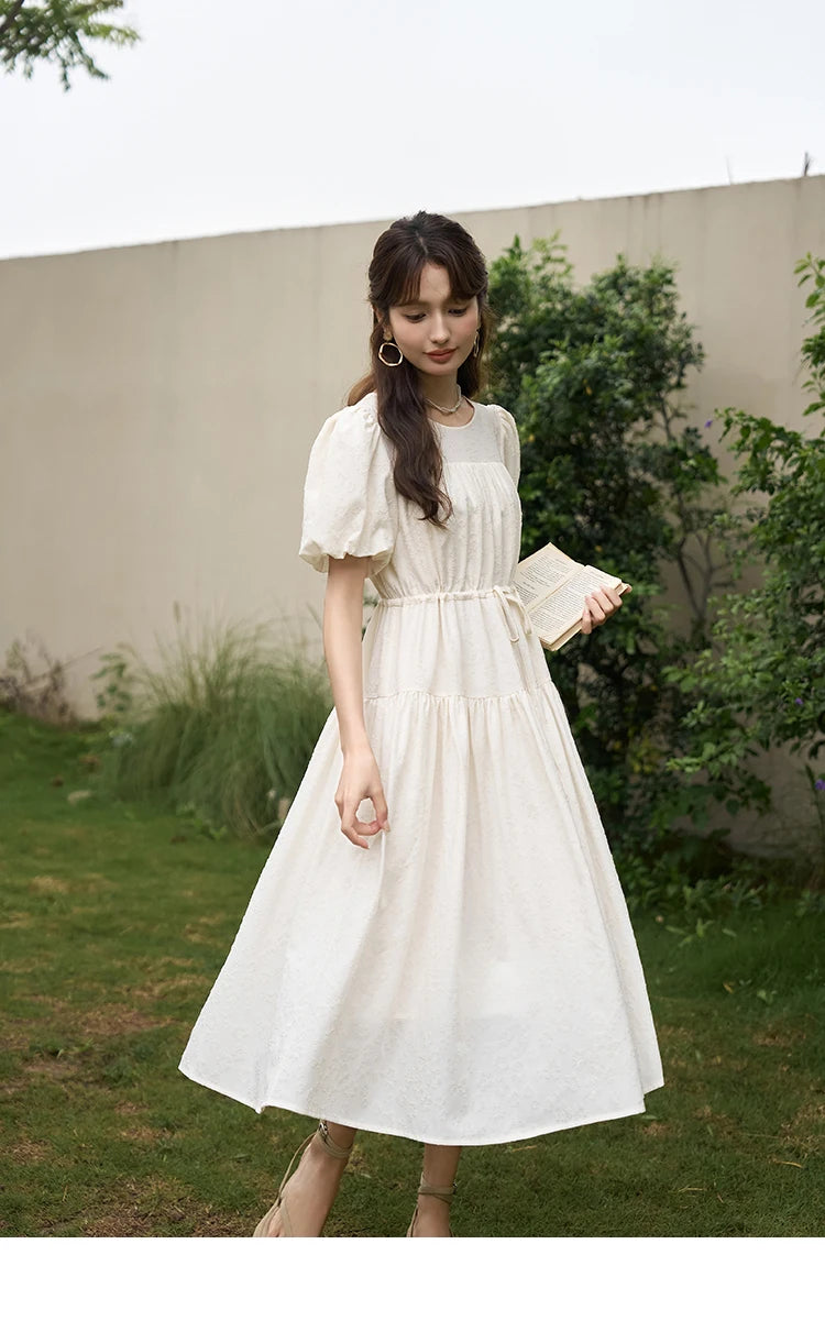 MISHOW French Draw String Waist Dress 2023 Summer Short Sleeve A-LINE Puff Sleeve O-Neck Pullover Elegant Solid Dress MXC38L1415