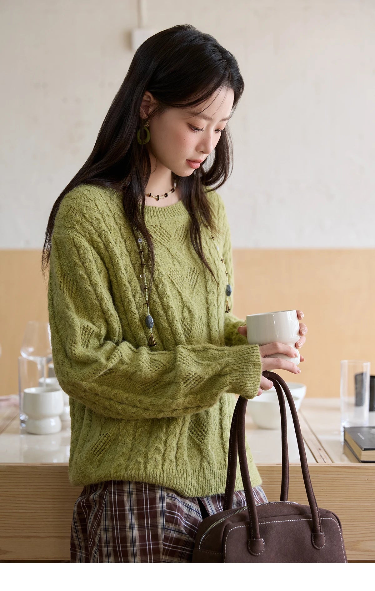 MISHOW  Sweater for Woman 2025 Autumn Winter Green Retro Twisted Rope Hollow Design Loose Knit Top Luxury Commuter MXE49Z2520