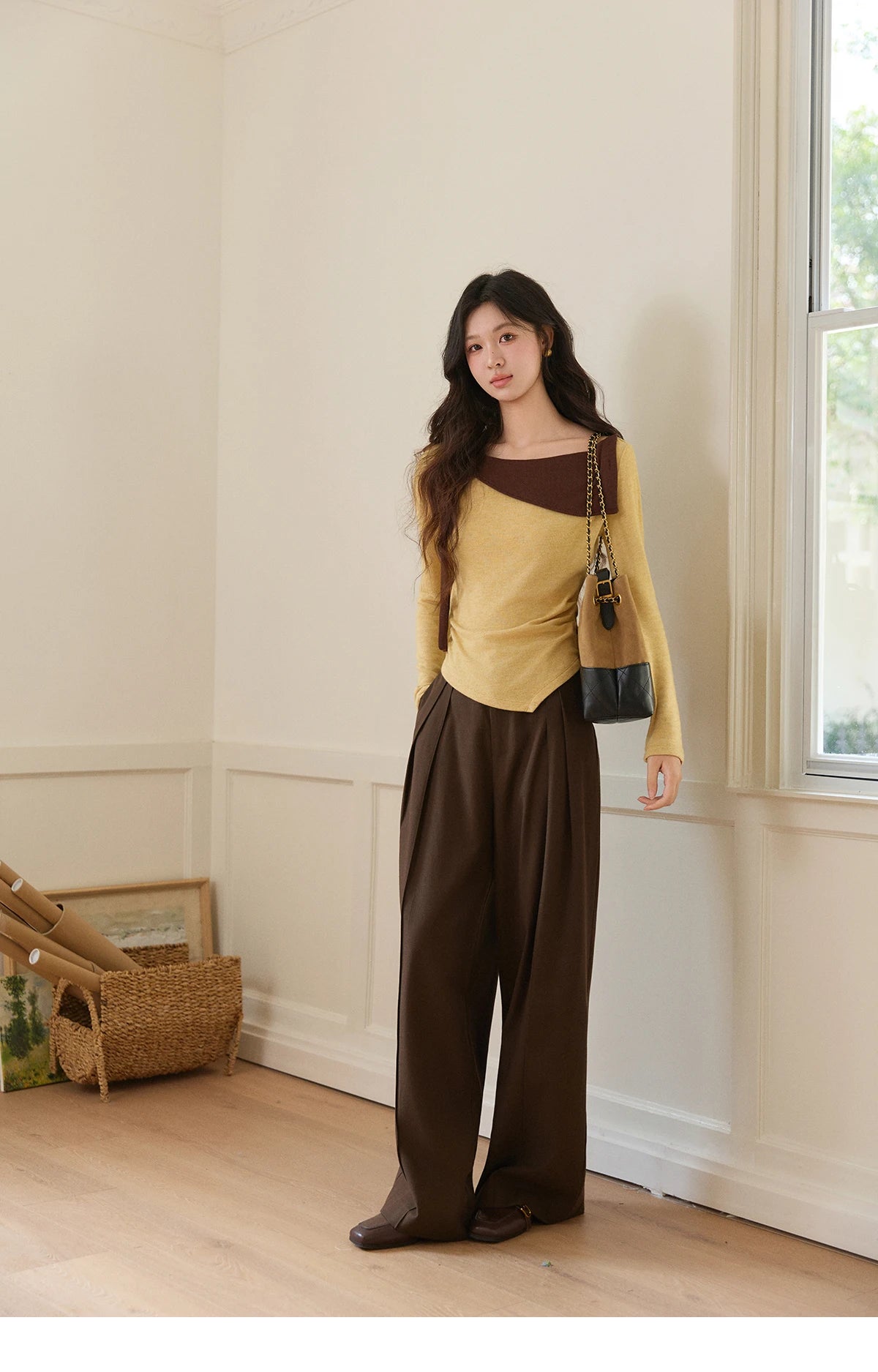 MISHOW Women's Yellow Brown Irregular Top 2026 Spring Contrast Color Oblique Collar Long Sleeve Casual Knitted Tops MXF11Z2911