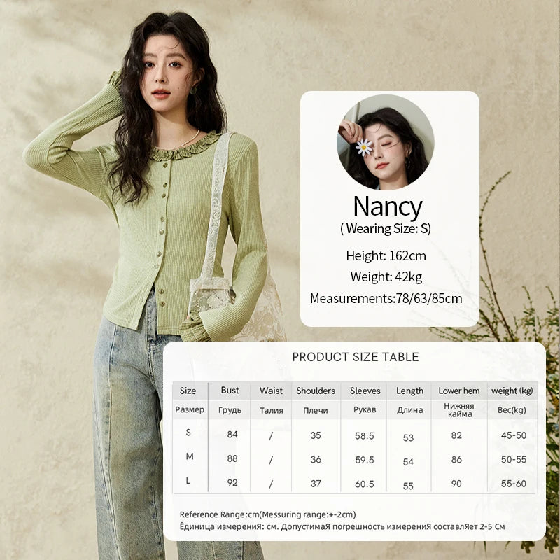 MISHOW Green Plaid Knitted Top 2025 Spring Lotus Leaf Sleeves Tees Slim Long Sleeve Curled Collar Single Breasted Top MXE14Z1152