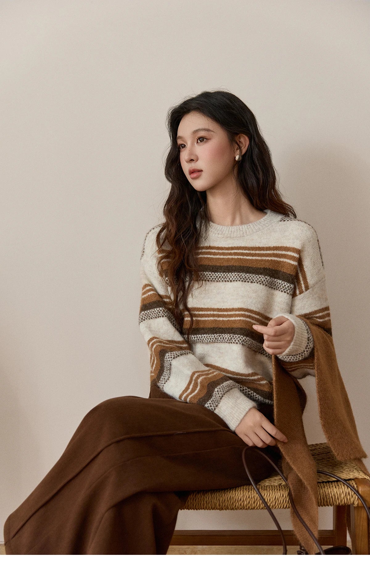 MISHOW Women's Wool Blend Retro Striped Sweater with Scarf Set 2025 Winter Knitted Round Neck Warm Loose Sweaters MXE94Z2987