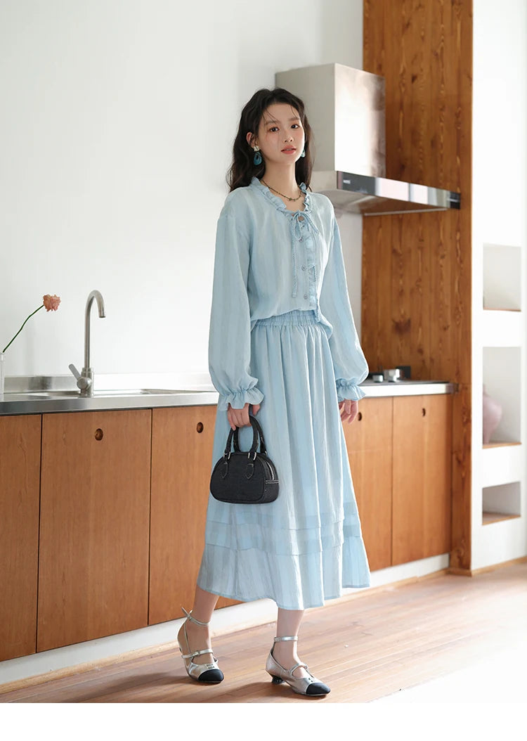 MISHOW Women's Light Blue Striped Linen Suit 2025 Autumn Fungus Edge V-neck Lace-up Shirt Elastic Waist Skirt Two pcs MXE41T0700
