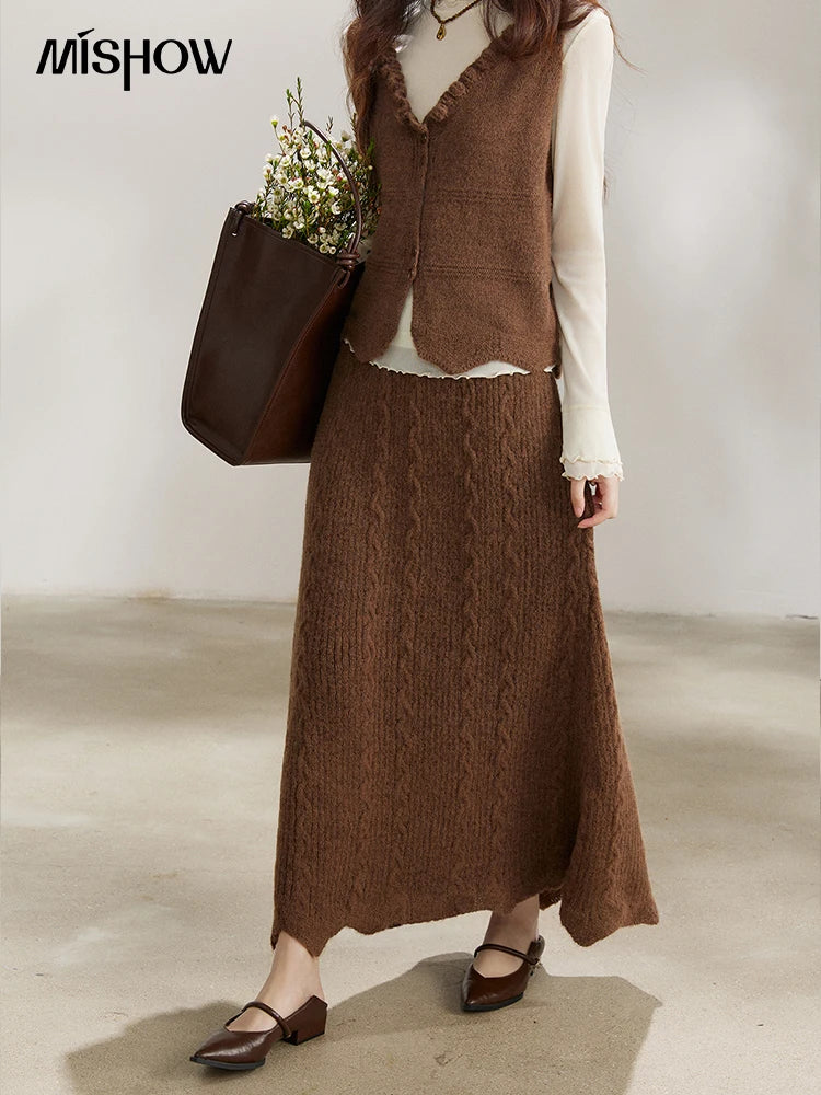MISHOW Women's Brown Two-Piece Set 2026 Spring Knitted Vest V-Neck Cable Knit Maxi Skirt Casual Retro Warm Outfit MXF11T1460