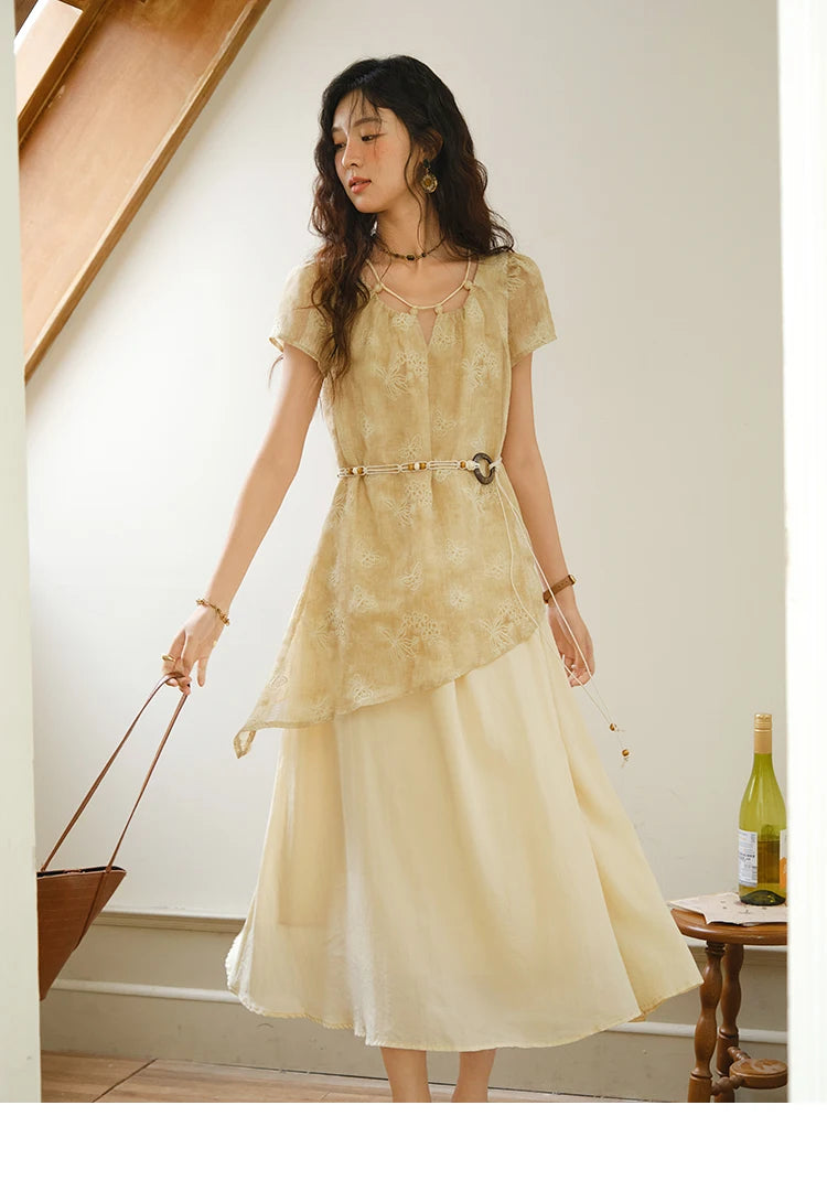 MISHOW Fashion Butterfly Embroidery Dress 2025 Summer Splicing Beaded Collar Comes with Retro Belt Dresses MXE36L2250