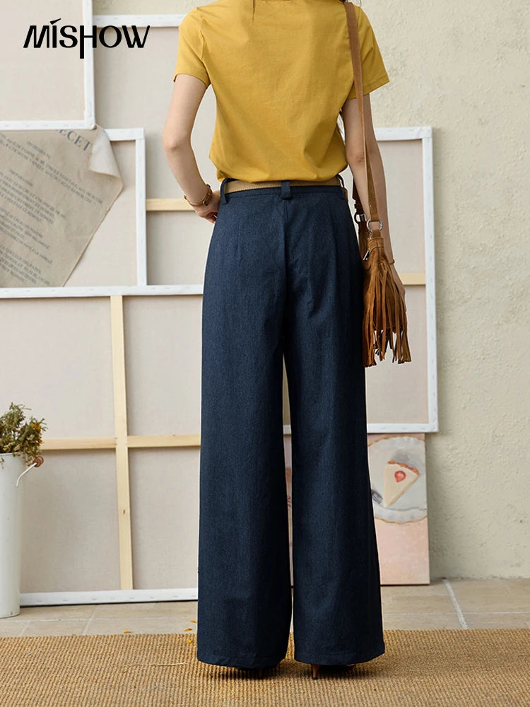 MISHOW Office Lady Summer Pants Women New 2025 Retro Dark Blue High Waist Wide-leg Pants Female Slimming Straight MXE31K0902