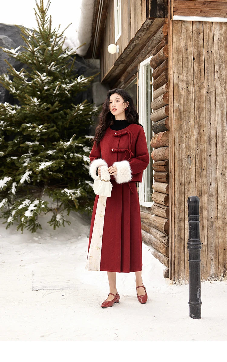 MISHOW Tweed Jacket Midi Skirts Separately Removable Fur Collar Frog Short Coat Cotton Clip A-LINE Pleated Skirt MXD59W0609